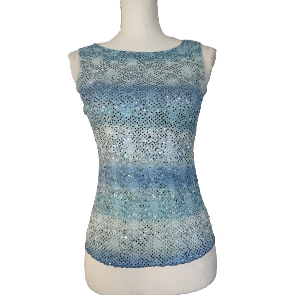 Vintage Turquoise Beachy Sexy Blue Women Lacy Sequins Tank Top Sz M